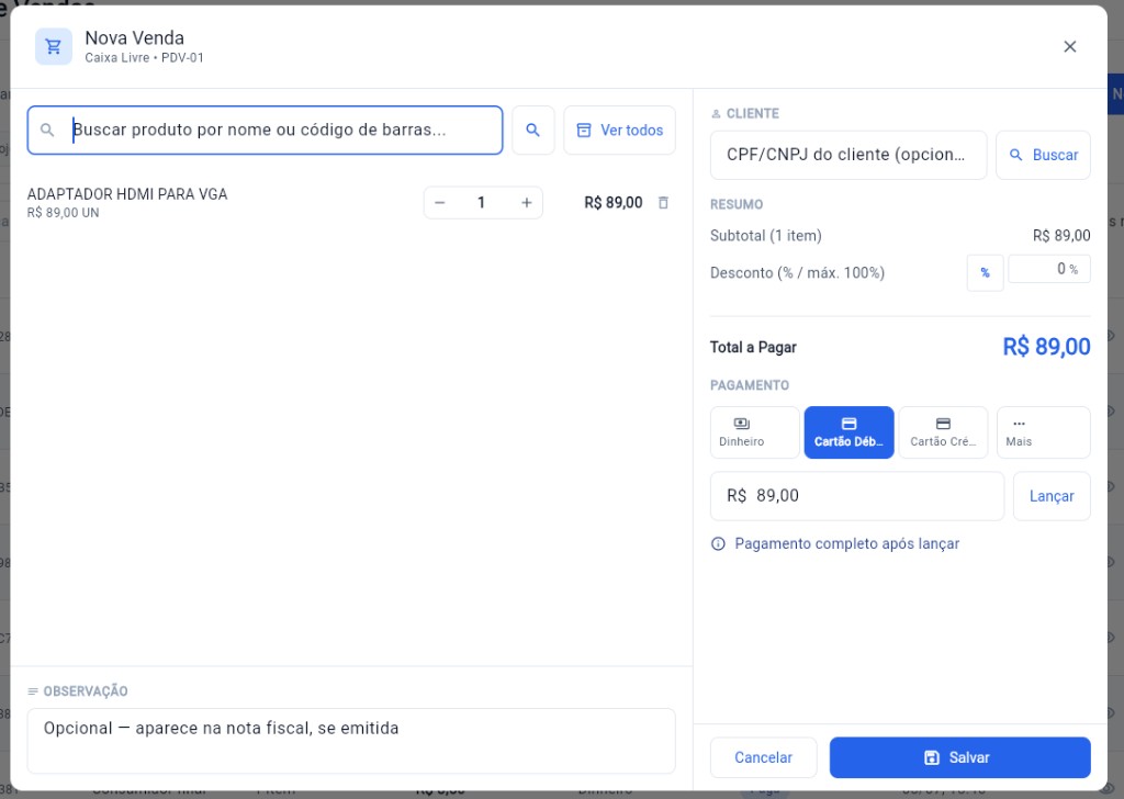 Tela de nova venda no Brafel PDV Web
