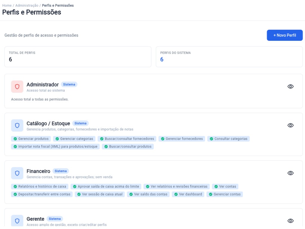 Perfis e permissões no Brafel PDV Web
