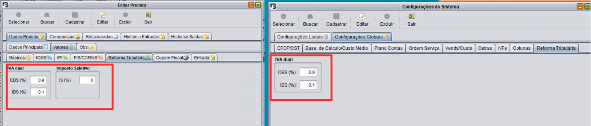 Cadastro dos novos impostos no Sic Control